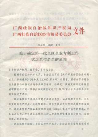 康兴被广西区经贸委、广西区知识产权局确定为＂广西专利工作试点企业＂